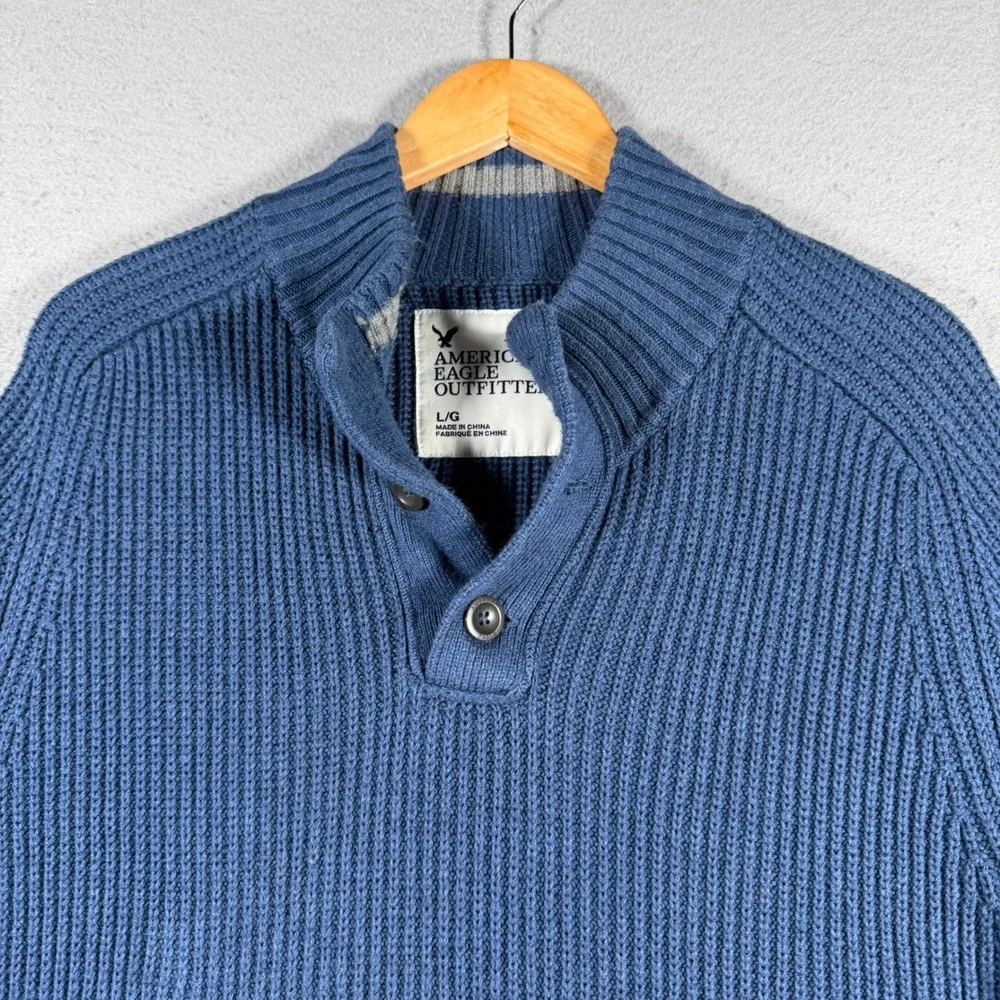 American Eagle Outfitters Men Blue Ribbed Mock‎ Neck Button Up Sweater Large